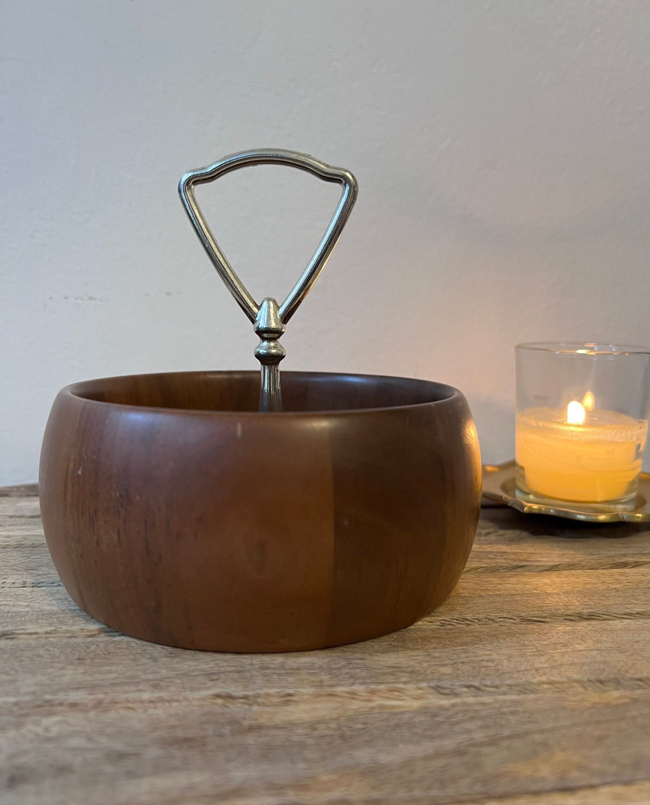1960s Solid American Walnut Nut/appetizer Bowl With Metal Handle