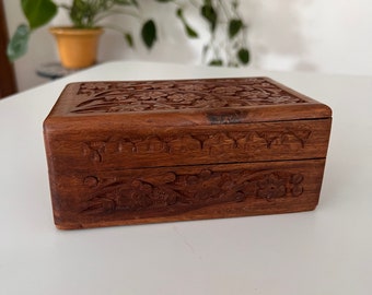 Hand Carved Wood Box with Floral Motif