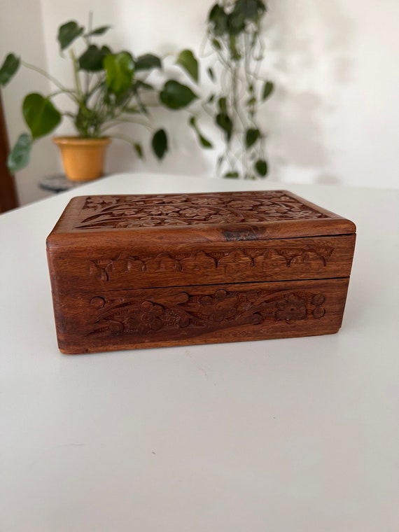 Hand Carved Flower Design Wooden Box with Hinged Lid - BlessedMart