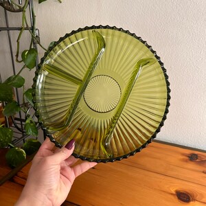 1978 Indiana Glass Olive Green Divided Relish Plate / Cheese Plate - 10”