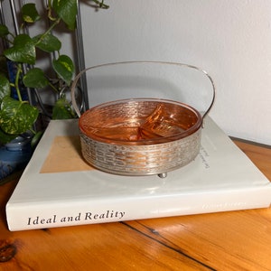 Vintage Pink Depression Glass - Divided Relish / Candy / Nut Dish and Metal Handled  Basket - Vanity Tray