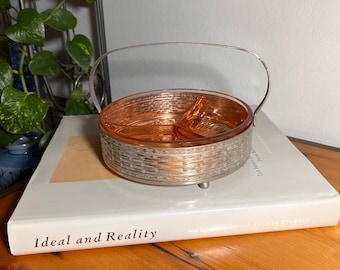 Vintage Pink Depression Glass - Divided Relish / Candy / Nut Dish and Metal Handled  Basket - Vanity Tray