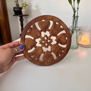 Hand Carved Wooden Trivet with Tuplip and Heart Motif
