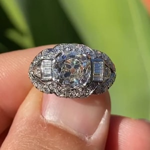 Victorian Art Deco Old Mine 2 CT Round Cut Moissanite Diamond Ring Side Emerald and Round Cut Diamond Work 10K 14K 18K Solid White Gold Ring