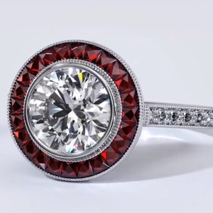 Ice Crushed 3 CT Round Cut Moissanite Diamond Surrounding Red Round Cut Diamond 10K 14K 18K Solid White Gold Engagement Ring Wedding Ring