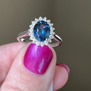 Victorian Blue Sapphire Diamond Ring: 10K White Gold Engagement Ring