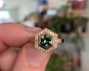 Unique Design 3 CT Green Hexagon Sapphire Diamond Engagement Ring 10K 14K 18K Solid Yellow and Rose Gold Wedding Ring Anniversary Ring