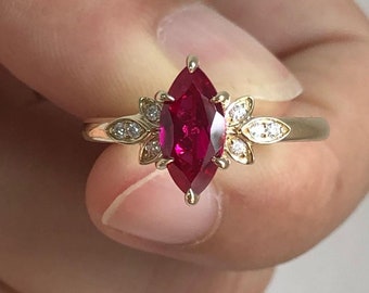 3 CT Red Marquise Cut Ruby Diamond Ring Engagement Ring Leaf Shape Ring 10K 14K 18K Solid White Yellow and Rose Gold Ring Wedding Gift Ring