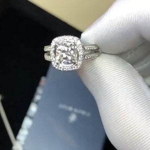 2 CT Cushion Moissanite Engagement Ring: Round Cut Diamond, 10K White Gold Wedding Ring