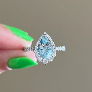 3 CT Aquamarine Pear Cut Diamond Ring Side Round Cut Diamond 10K 14K 18K Solid White Gold Engagement Ring Wedding Gift Ring Bridal Set Ring