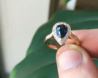 Unique Design 2 CT Blue Pear Sapphire Diamond Engagement Ring Surrounding Round Cut Diamond 10K 14K 18K Solid Yellow and Rose Gold Ring