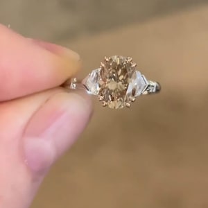 3 CT Brown Oval Moissanite Ring: Trilliant Diamond Side Stones, White Gold