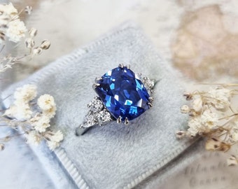 4 CT Blue Cushion Cut Sapphire Diamond Engagement Ring Side Round and Pear Cut Diamond 10K 14K 18K Solid White and Rose Gold Engagement Ring