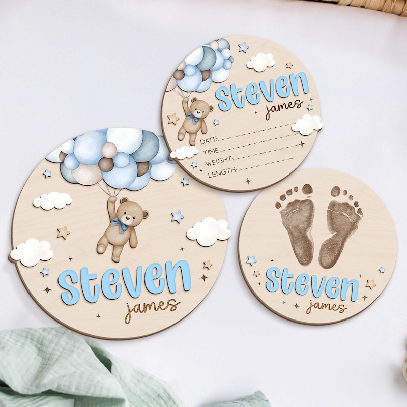 🧸BUY 2 FREE SHIPPING🧸 Teddy Bear Baby Announcement Sign, Custom Baby Boy Name Sign For Hospital, Newborn Birth Stats Sign, Baby Name Reveal, Baby Shower Gift