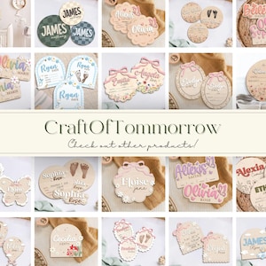 May include: A collection of wooden baby name signs with floral and other decorative elements. The signs feature names like Olivia, Sophia, James, Ryan, and Alexia. The signs are in various shapes and sizes, with some featuring a floral design, others with a checkered pattern, and others with a simple border.