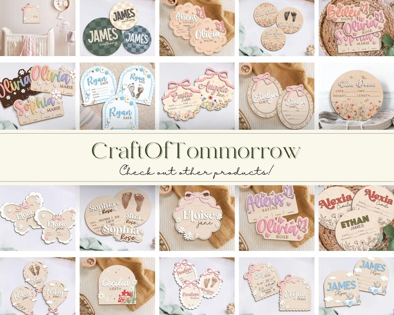 May include: A collection of wooden baby name signs with floral and other decorative elements. The signs feature names like Olivia, Sophia, James, Ryan, and Alexia. The signs are in various shapes and sizes, with some featuring a floral design, others with a checkered pattern, and others with a simple border.