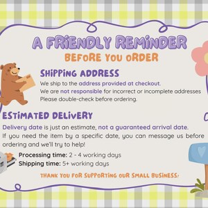 May include: A friendly reminder with text about shipping address and estimated delivery. The image includes a cartoon bear, a flower, a mailbox, and a small machine. The background is a yellow and gray checkered pattern.