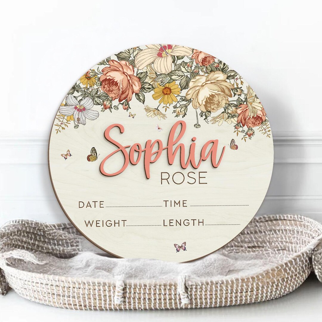 Floral Baby Name Sign: Custom Birth Stats, Newborn Photo Prop - Etsy