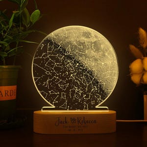 Gráfico de mapa estelar personalizado y luz nocturna de fase lunar, gráfico de constelación personalizado, regalo de aniversario para parejas, regalos de San Valentín