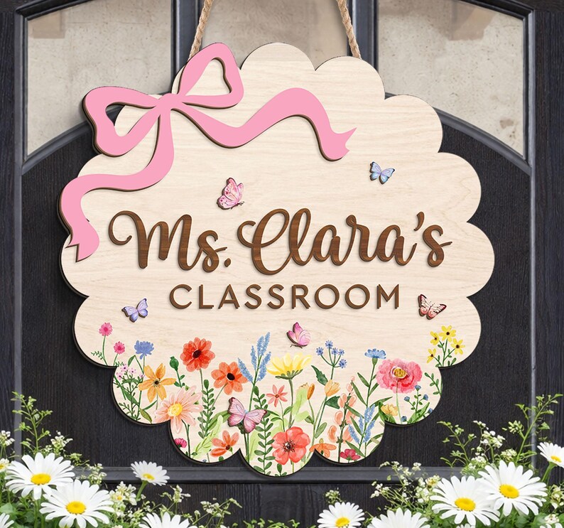 Personalized 3D Teacher Sign, Custom Teacher Name Door Sign, Floral ...