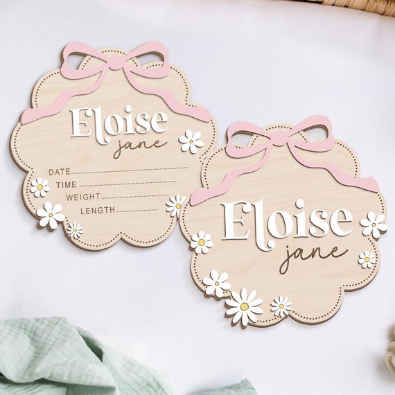 Birth Announcement Sign, Baby Announcement Sign, Pink Bow Coquette Baby Name Sign, Baby Girl Name Sign, Daisy Baby Shower Gift, Newborn Gift