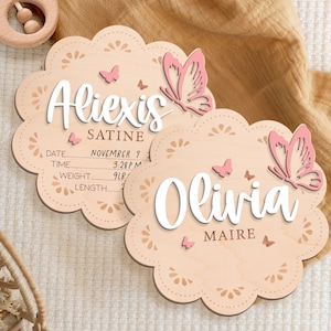 Baby Girl Name Sign With Butterfly, Baby Announcement Sign for Hospital, Wooden Baby Name Sign, Birth Announcement Sign, Baby Shower Gift