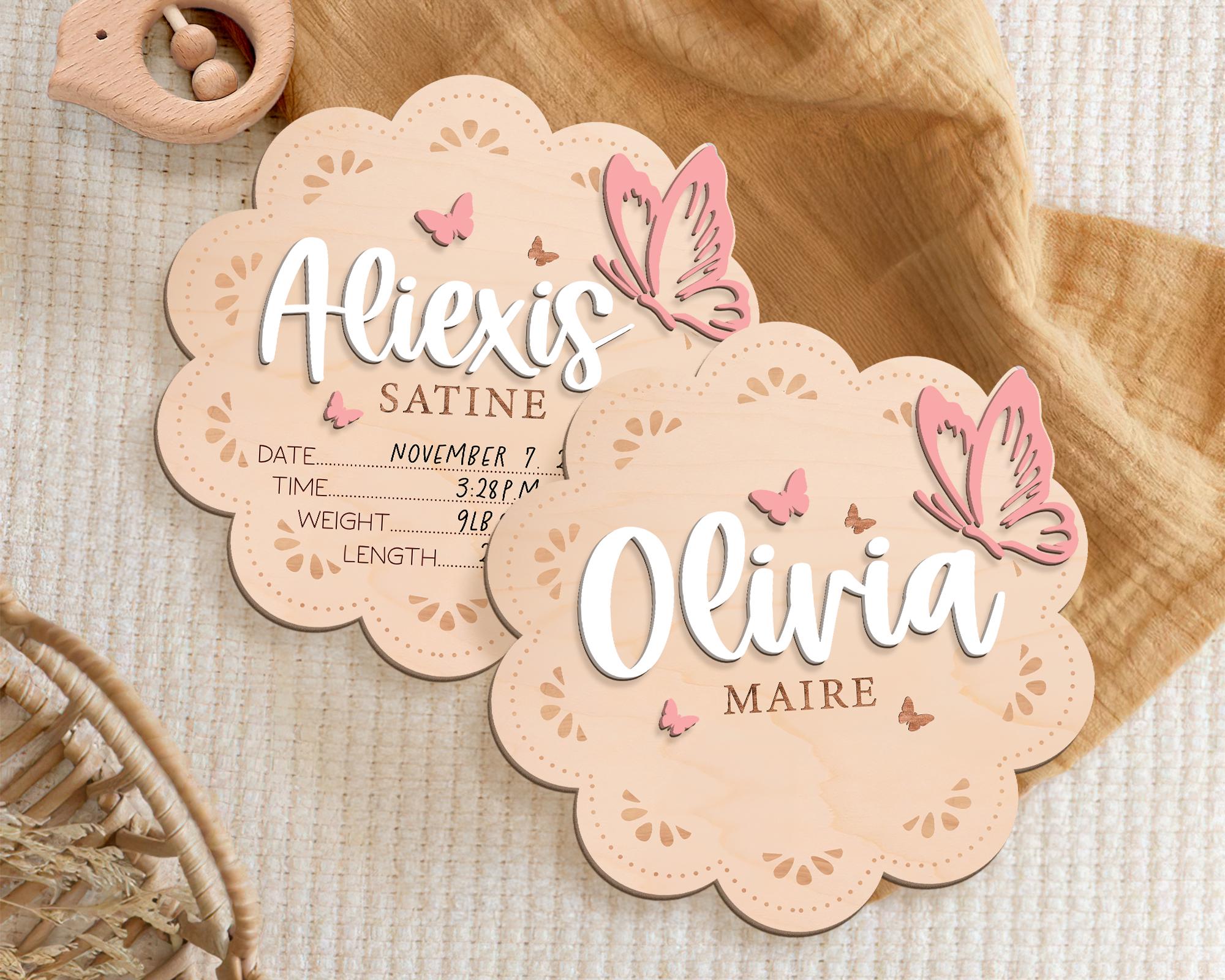 Baby Girl Name Sign With Butterfly, Baby Announcement Sign for Hospital, Wooden Baby Name Sign, Birth Announcement Sign, Baby Shower Gift