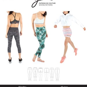 May include: A sewing pattern titled "Clara" by Jalie, featuring illustrations of athletic wear. The pattern includes options for leggings, shorts, and a hoodie. The image also displays the Jalie logo and text indicating the pattern is for girls and women.