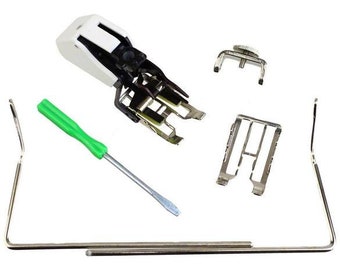 May include: A set of sewing machine parts including a foot, a screwdriver, a metal bracket, and a metal bar.