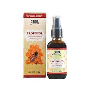 May include: A bottle of Salem Botanical PROPOSOL Natural Throat Spray with Bee Propolis, next to its box. The box features a honeycomb design with a bee illustration. The bottle contains 2 fl oz (58 ml).