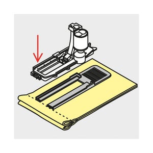 May include: A sewing machine foot with a red arrow pointing to the needle plate. The foot is positioned over a yellow fabric with a slit cut into it.