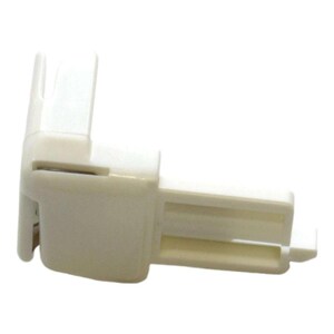 May include: White plastic corner connector for curtains or blinds. The connector has a slot on one side and a clip on the other.