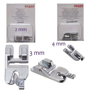 May include: A collection of silver-colored rolled hem feet for sewing machines. The image shows feet with 2 mm, 3 mm, and 4 mm measurements. The packaging includes the brand name PFAFF and product details.