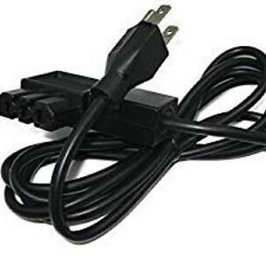 May include: A black power cord featuring a standard two-prong electrical plug on one end and a three-hole female connector block on the other. The cable is coiled in a loop, showing a smooth, flexible black plastic exterior and a molded plug head.