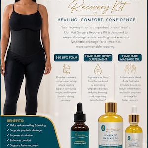 May include: Aqua Marina Beauty Spa Post Surgery Recovery Kit featuring a black compression garment, a bottle of Lymphatic Drainage Drop supplement, and two bottles of Lymphatic Massage Oil with Arnica and Calendula, plus informational text.