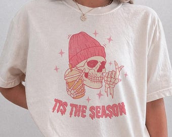 Vintage  Halloween Comfort Colors® T Shirt, Tis the Season Skeleton Pumpkin Ghost Tshirts, Pink Retro Halloween Skull Tee, Y2K Halloween