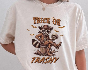 Trick or Trashy Comfort Colors® T-Shirt, Funny Raccoon Halloween Shirt, Western Trash Panda Tee, Skeleton Graphic Shirt, Spooky Fall Gift