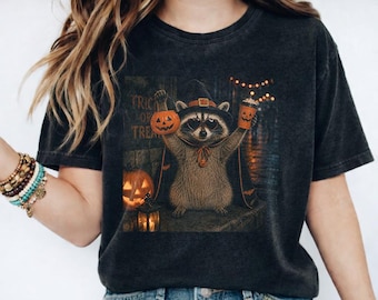 Raccoon with Jack o Lanterns Comfort Colors® TShirt, Raccoon Halloween Shirt, Spooky Season Graphic Tee, Funny Feral Tee, Trash Panda Tee