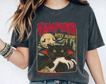 Funny Vampire Black Cat Comfort Colors® TShirt, Halloween Party Tee, Witchy Black Cat Lover T-Shirt, Spooky Season Shirt, Funny Cat Lover