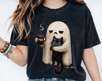 Ghost Cat Spooky Black Cat Comfort Colors® TShirt, Halloween Party Tee, Coffee Lover T-Shirt, Spooky Season Shirt, Funny Cat Lover Shirt