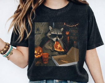 Raccoon Eating Pizza Halloween Comfort Colors® TShirt, Raccoon Halloween Shirt, Spooky Season Graphic Tee, Funny Feral Tee, Trash Panda Tee