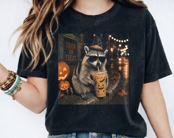 Raccoon Drinking Pumpkin Latte Comfort Colors® TShirt, Raccoon Halloween Shirt, Spooky Season Graphic Tee, Funny Feral Tee, Trash Panda Tee