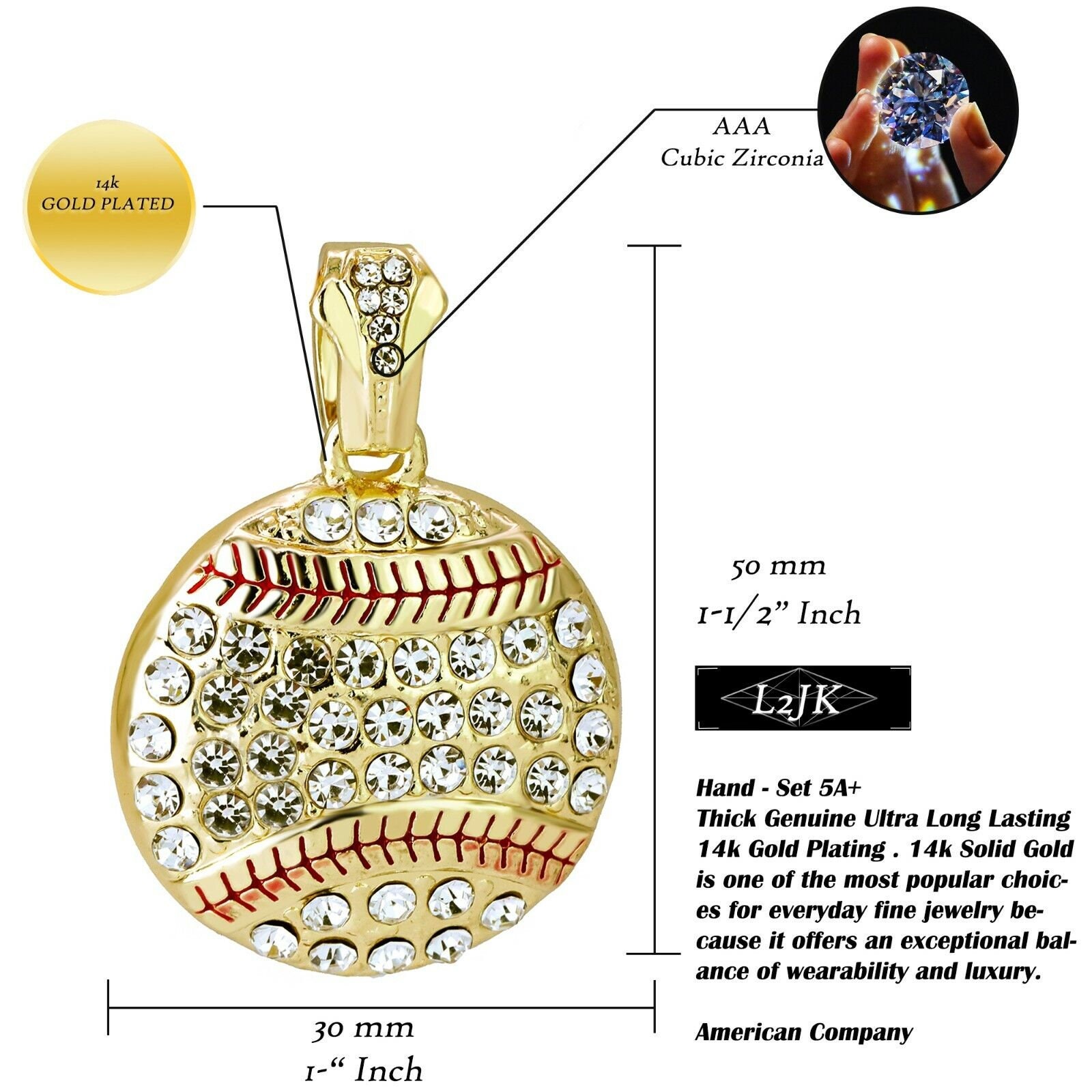 Baseball Hitter & Glove Cubic Zirconia Pendant 24 Rope Chain Hip