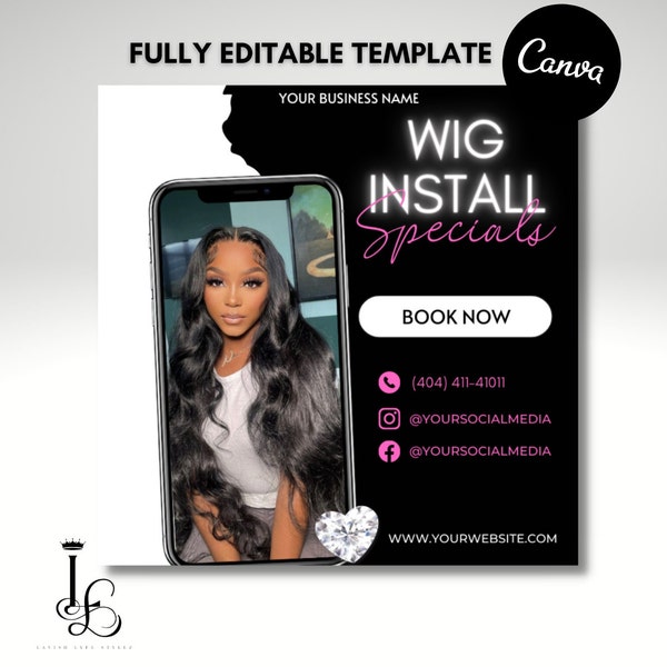 Wig Install Flyer, DIY Hair Special Flyer, Hairstylist Appointments Available Book Now Flyer, Nails Social Media Editable Canva Template