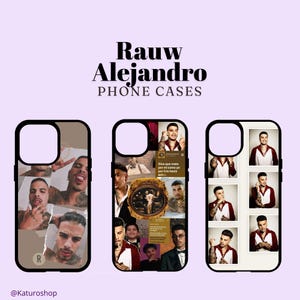 May include: Three phone cases featuring a collage of photos of Rauw Alejandro. The cases are black, white, and brown with a variety of images of the artist. The text "Rauw Alejandro PHONE CASES" is at the top of the image.