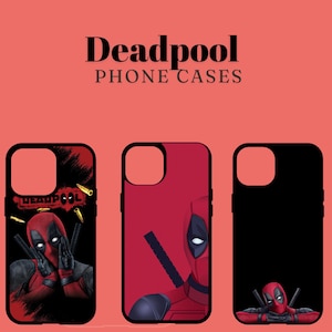 May include: Three phone cases featuring Deadpool, a Marvel Comics superhero. The cases are black, red, and black with a red Deadpool design. The cases are all for smartphones.