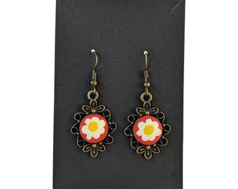Floral Vintage Fabric Cabochon Earrings in Antique Bronze Filigree Setting