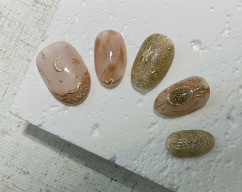 Celestial Press On Nails | Gold Sun and Moon | False Nails | 10 pcs | Handmade | Short Almond