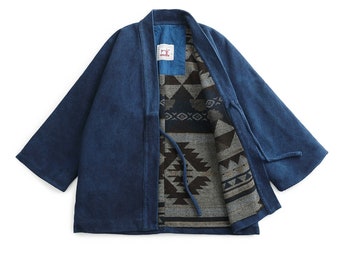 Indigo Blue Japanese Kendo Robe Kimono Men’s Flanel lhamo Casual Coat Handmade Organic Plant Dye Spring Autumn Winter