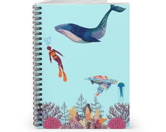 Scuba Diver, Whale, and Turtle Spiral Notebook - Ruled Line